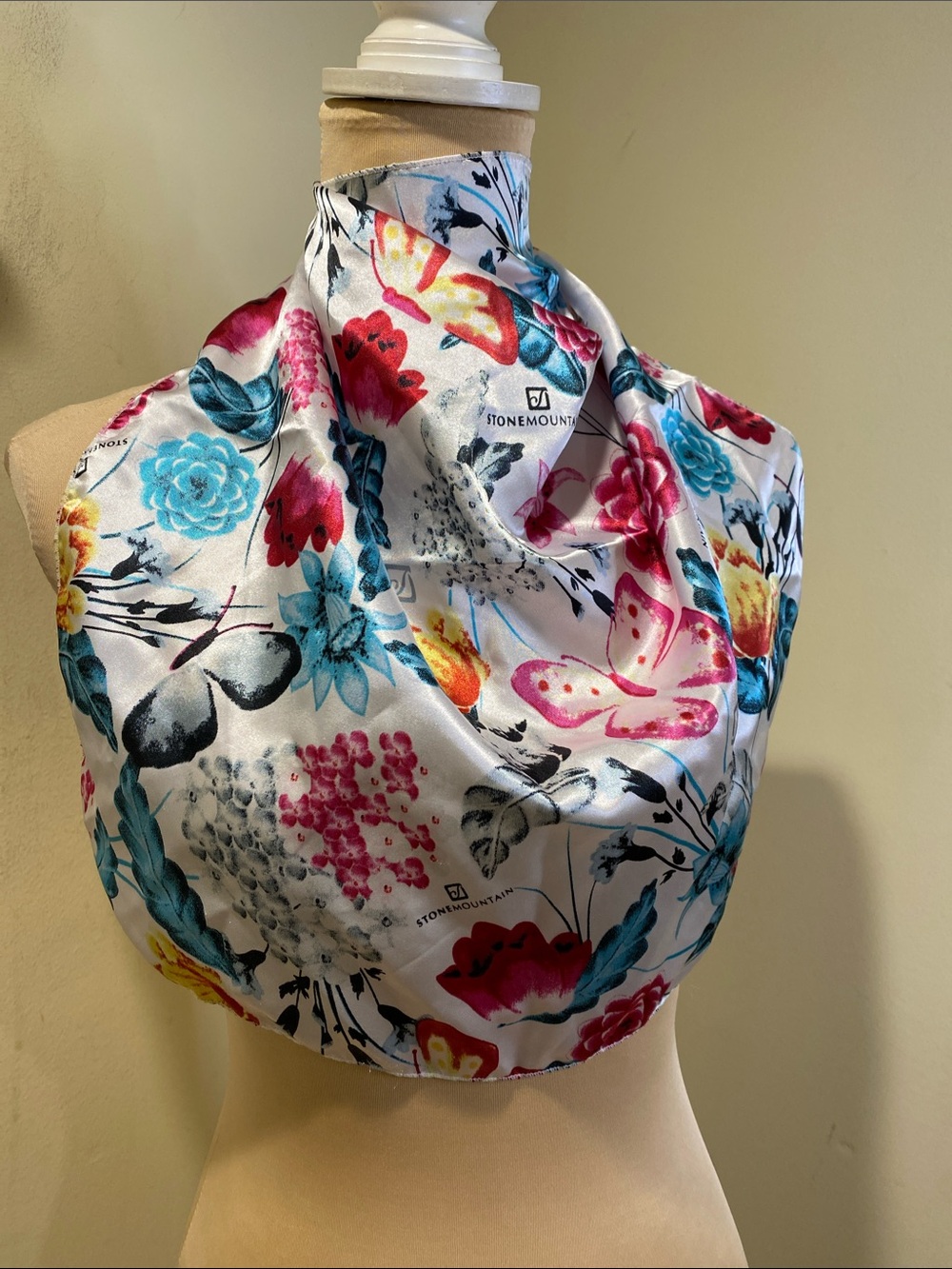 Stonemountain Floral Satin Scarf - White with Teal, Pink, Yellow